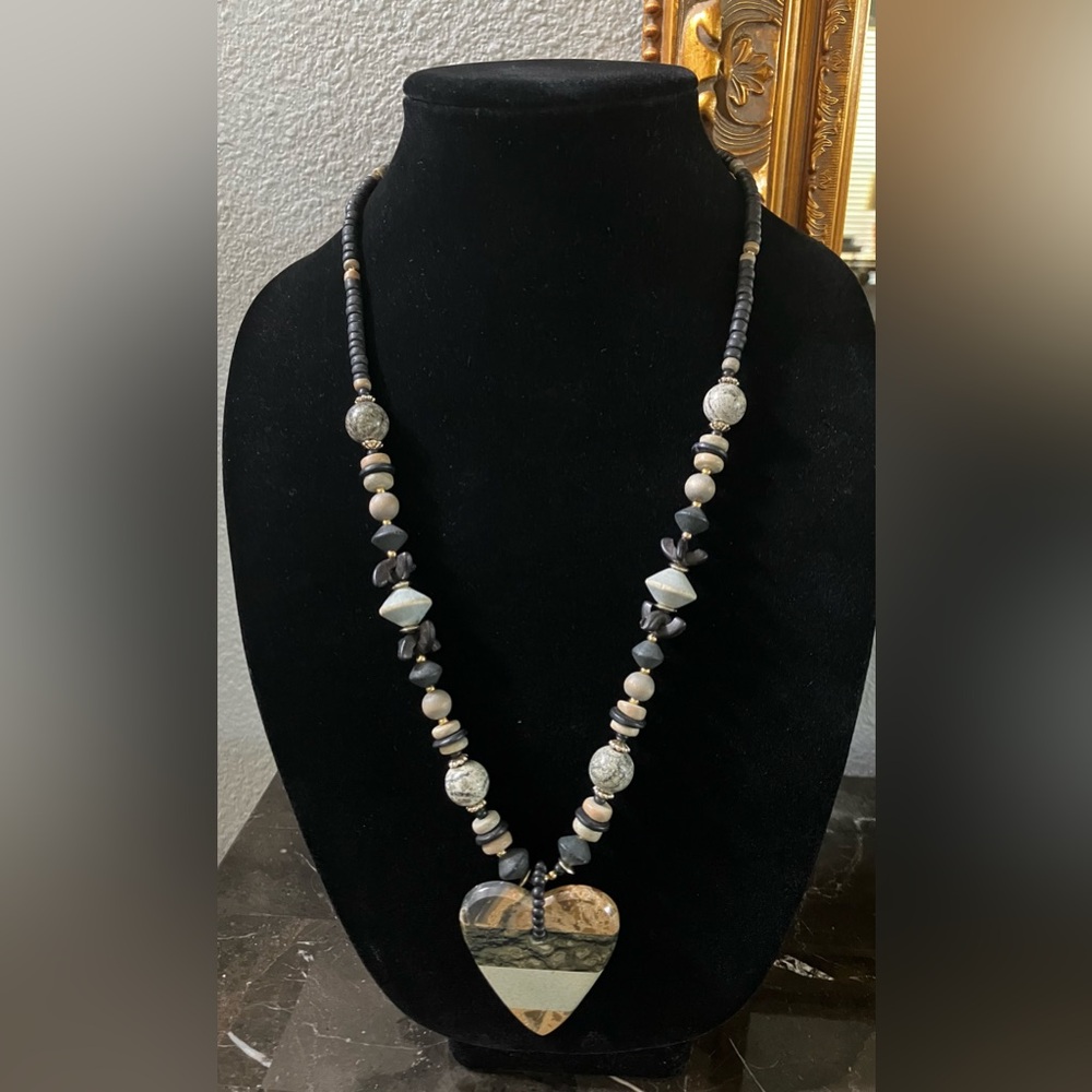 Elegant Black, Tan and Green Beads Necklace with Stone Heart Pendant. 26” long